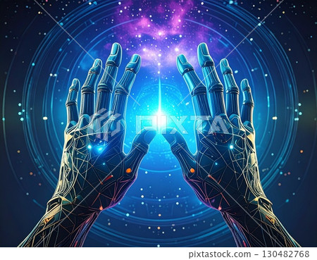 Two hands forming a heart shape against a vibrant digital background 130482768