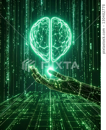 A human hand holding a digital human brain in a medical context, featuring a digital background 130482778