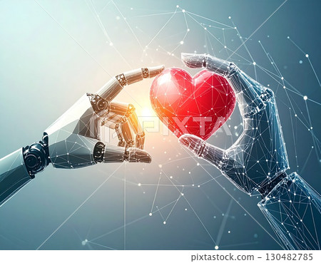 A human hand and robot hand is touching the red heart shape, showing a concept of love, relationship and technology. 130482785