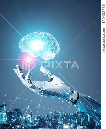A human hand holding a digital human brain in a medical context, featuring a digital background A human hand holding a digital human brain in a medical context, featuring a digital background 130482786