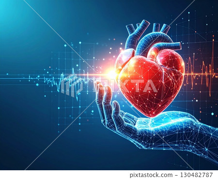A human hand holding a digital human heart in a medical context, featuring a digital heartbeat line A human hand holding a digital human heart in a medical context, featuring a digital heartbeat line 130482787