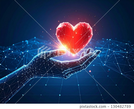 A human hand holding a digital human heart in a medical context, featuring a digital heartbeat line 130482789