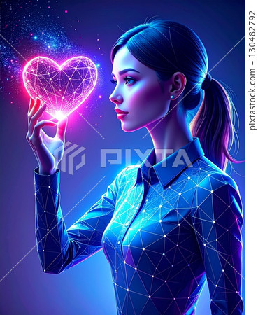 A woman with glowing heart shape object, showing care and innovative A woman with glowing heart shape object, showing care and innovative 130482792