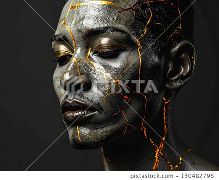 A woman with a dark skin tone is depicted with striking golden cracks across her face and body, creating a unique and artistic visual. This image evokes a sense of transformation and resilience. A woman with a dark skin tone is depicted with striking golden cracks across her face and body, creating a unique and artistic visual. This image evokes a sense of transformation and resilience. 130482798