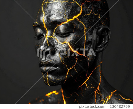 A man with a dark skin tone is depicted with striking golden cracks across his face and body, creating a unique and artistic visual. This image evokes a sense of transformation and resilience. A man with a dark skin tone is depicted with striking golden cracks across his face and body, creating a unique and artistic visual. This image evokes a sense of transformation and resilience. 130482799
