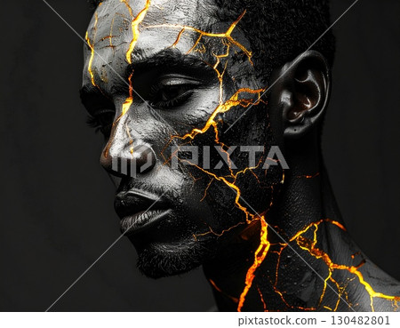 A man with a dark skin tone is depicted with striking golden cracks across his face and body, creating a unique and artistic visual. This image evokes a sense of transformation and resilience. A man with a dark skin tone is depicted with striking golden cracks across his face and body, creating a unique and artistic visual. This image evokes a sense of transformation and resilience. 130482801