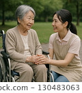 A woman in a wheelchair and a female caregiver 130483063