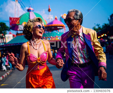 An elderly couple drives in a convertible with sunglasses, joyful together and smiling with a lovely backdrop. They have a happy drive on an open road. 130483076