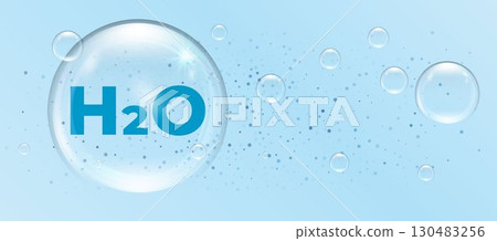 H2O water molecule vector in blue with hydrogen and O2 molecular structure for cosmetic background. Clean skincare design for hydration and freshness 130483256