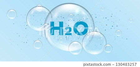 H2O water molecule in blue for scientific design with bubbles and transparency. Clean cosmetic design for purity and freshness. Vector Illustration. 130483257