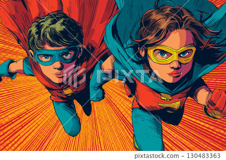 孩子們扮演英雄的插圖 | 充滿活力和夢想的普普藝術風格設計 130483363