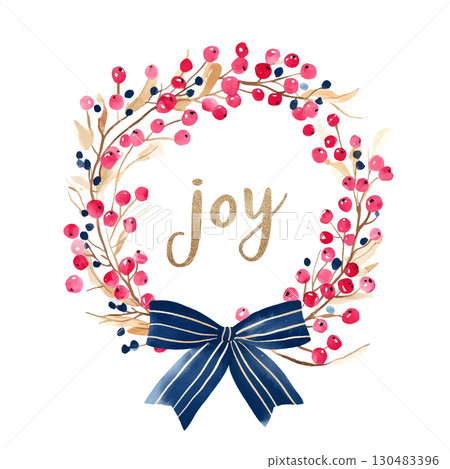 Watercolor painting of red and pink berries on brown branches in a wreath with a blue striped bow 130483396