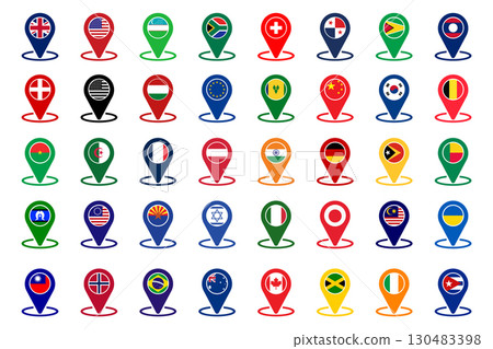 Map Pointer Markers Icons with National Flags 40 Countries Flags on white background. 130483398