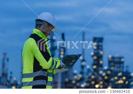 Professional Night shift engineer oil and gas refinery service, male worker hard work in petroleum industry plant dark background. 130483410
