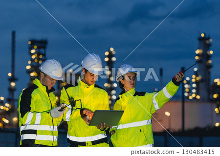 Group of Engineers team night shift working oil and gas refinery service, Workers hard work at night petroleum industry plant background. 130483415