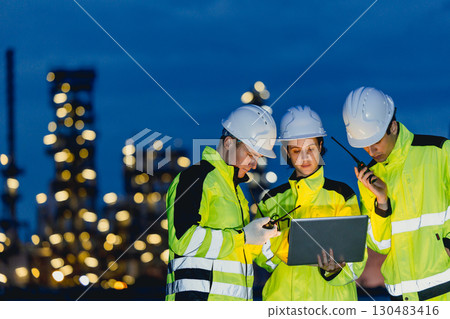 Group of Engineers team night shift working oil and gas refinery service, Workers hard work at night petroleum industry plant background. 130483416