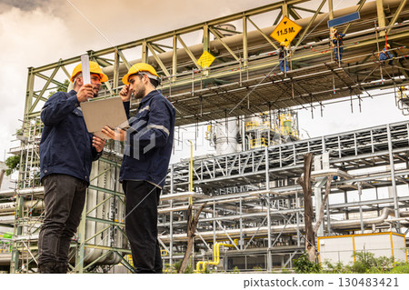 young engineer worker working sloppily mistake work fail big problem foreman supervisor angry at outdoor gas pipe plant site 130483421