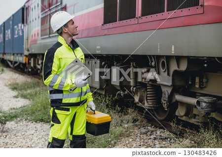 Caucasian diesel railway train engineer male check inspecting locomotive at rail track train parking outdoor with safety equipment Caucasian diesel railway train engineer male check inspecting locomotive at rail track train parking outdoor with safety equipment 130483426