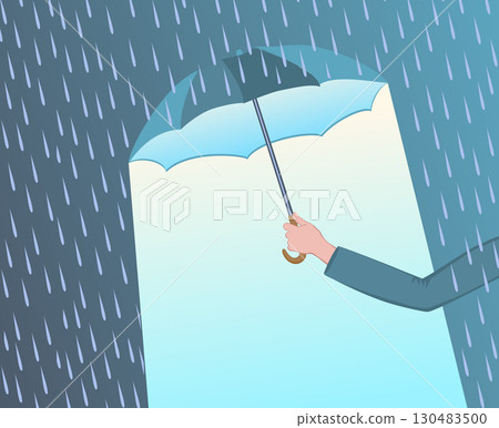 Hand with umbrella under rain dry space beneath. 130483500