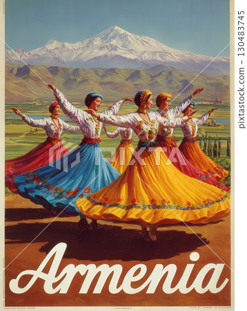 Dancers in colorful, flowing costumes perform a traditional dance against the backdrop of majestic mountains and lush valleys. The festive atmosphere highlights Armenian cultural heritage. 130483745