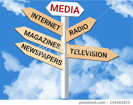 Media, internet, radio, magazines, television, newspapers with arrows, a metal signpost sky with clouds. Commercial news and Broadcasting information. Media, internet, radio, magazines, television, newspapers with arrows, a metal signpost sky with clouds. Commercial news and Broadcasting information. 130483855