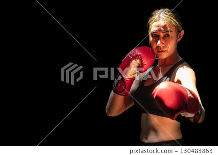 Portrait Asian women boxer, muay thai female fighter, Women boxing sport, kick boxing female ,Asian martial arts 130483863