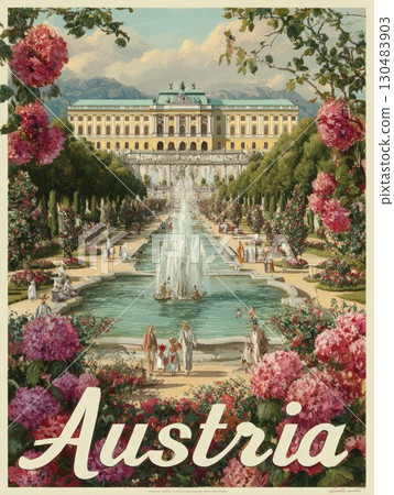Beautiful gardens surround Schloss Sch?nbrunn, showcasing vibrant flowers and elegant fountains. 130483903
