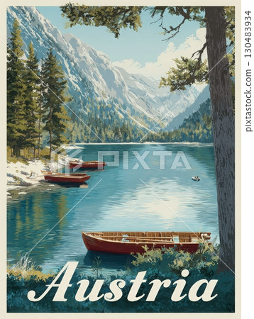 A serene lake reflects the majestic mountains of Austria, with evergreen trees lining the shore. Wooden boats are moored along the waters edge, creating a peaceful atmosphere. 130483934