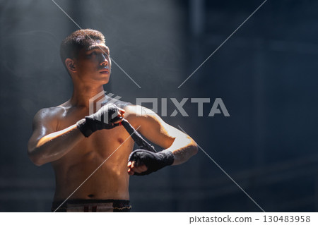 Thai boxing, Portrait muay thai fighter, Young man boxer, kick boxing male ,Asian martial arts Thai boxing, Portrait muay thai fighter, Young man boxer, kick boxing male ,Asian martial arts 130483958