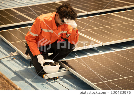 Hot tired Dizziness, fainting worker working outdoor roof over heat summer sun burning dehydration 130483976