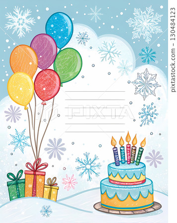 Bright balloons and a cake with candles are featured in a joyful winter birthday celebration 130484123