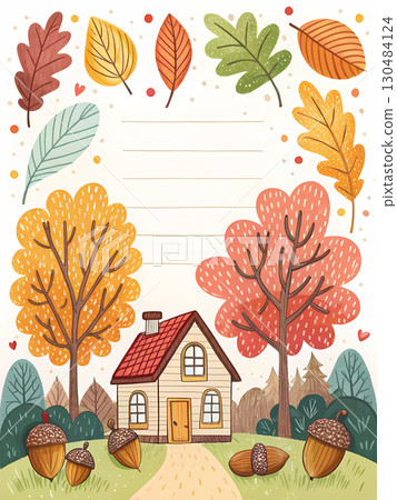 A charming house stands amid colorful autumn trees and scattered leaves, creating a warm atmosphere 130484124