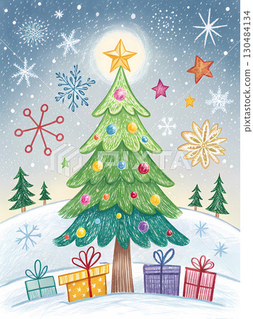A cheerful Christmas tree shines with ornaments while wrapped gifts sit on a snowy hill A cheerful Christmas tree shines with ornaments while wrapped gifts sit on a snowy hill 130484134