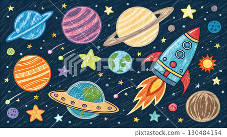 A playful rocket soars through planets and stars, igniting kids' imaginations for space 130484154