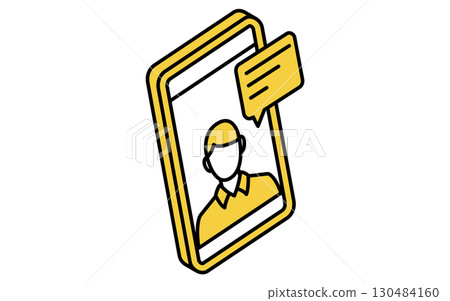 Online learning, simple isometric line drawing illustration of a man talking on a smartphone and a speech bubble 130484160