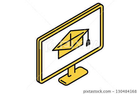 Online learning, simple isometric line icon of a monitor with a graduation cap 130484168