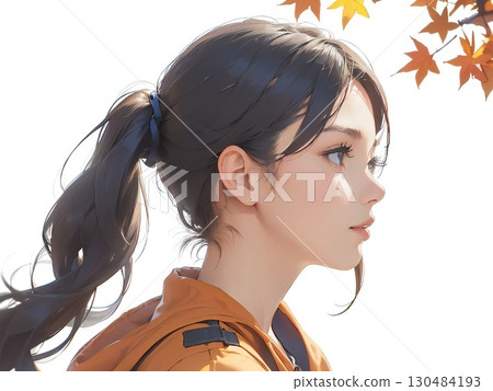 楓樹與女人_沉思的秋天肖像（白色背景） 130484193