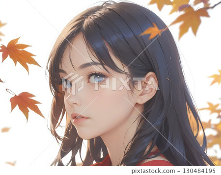 秋葉季節_飄揚的楓葉和白色背景上的女人的側面像 130484195
