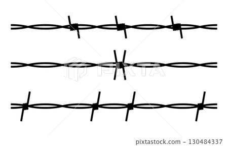 Metal wire with barbs and spikes set. Barbed wire silhouette. 130484337