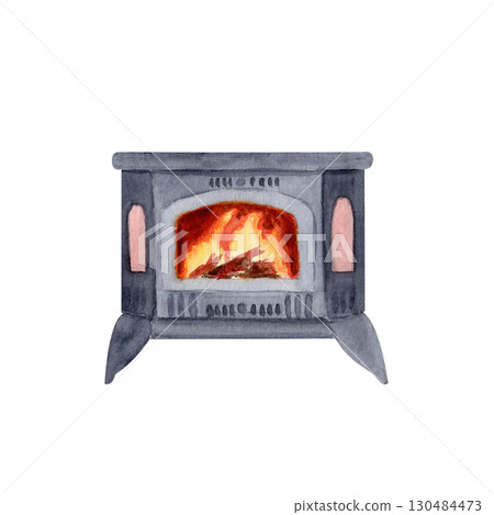 Cozy wood burning stove with bright flames inside watercolor illustration isolated on white. Perfect for winter postcards, holiday invitations, home decor, posters, seasonal social media design 130484473
