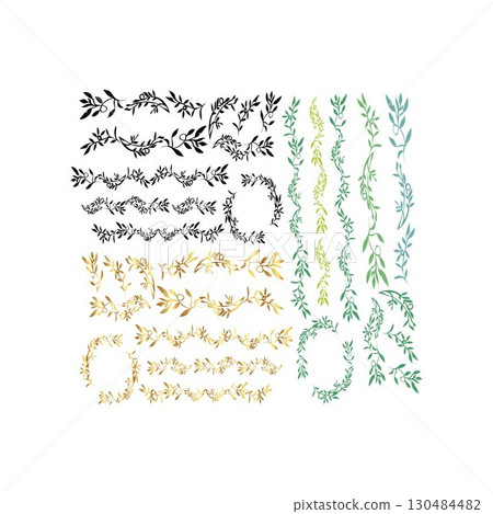 Decorative design set featuring flourish borders, corner elements, and frames, ideal for invitations, menus, and page embellishment 130484482