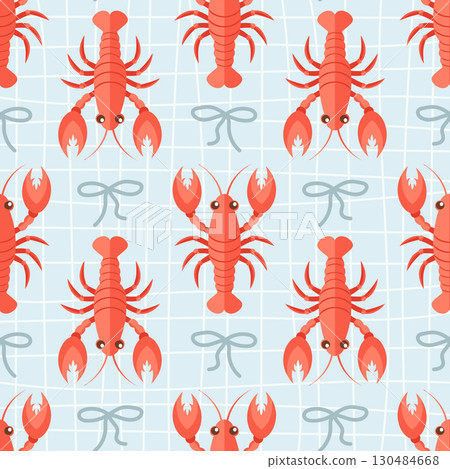 Lobster and bows seamless pattern. Summer repeating seafood pattern. Mediterranean coastal design background. Lobster and bows seamless pattern. Summer repeating seafood pattern. Mediterranean coastal design background. 130484668