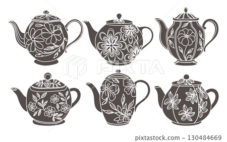 Set of teapot silhouettes with floral ornament on white background. Hand drawn illustration. Set of teapot silhouettes with floral ornament on white background. Hand drawn illustration. 130484669
