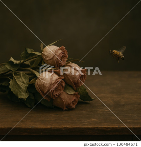 Three dried roses on the table and a flying bee. Space for text. Three dried roses on the table and a flying bee. Space for text. 130484671