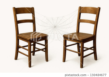 Two chairs with cobwebs between them on a light background. Two chairs with cobwebs between them on a light background. 130484677