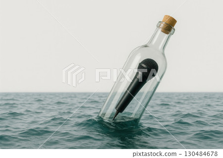 A microphone in a bottle floating on the sea like a message. Space for text. A microphone in a bottle floating on the sea like a message. Space for text. 130484678