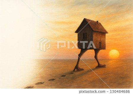 House with chicken legs walking through the desert at sunset. Space for text. 130484686