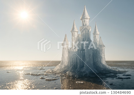The ice castle melts on the beach under the hot sun. Space for text. 130484690