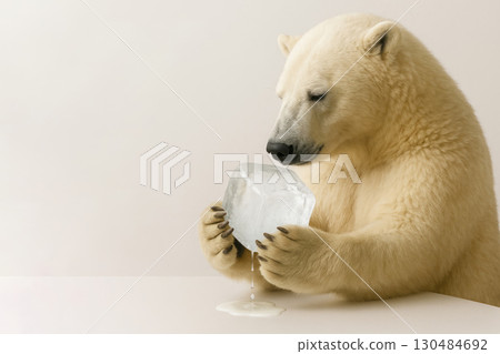 A polar bear looks sadly at a melting ice cube. Space for text. 130484692