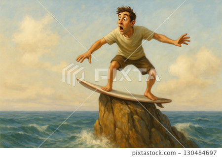 A guy is standing on a surfboard on top of a cliff in the middle of the sea. Space for text. 130484697